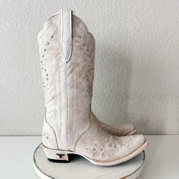 Lane DESTINY Womens Cowboy Boots 7.5 White Western Cowgirl Bridal Mid Calf Tall - Picture 2 of 12